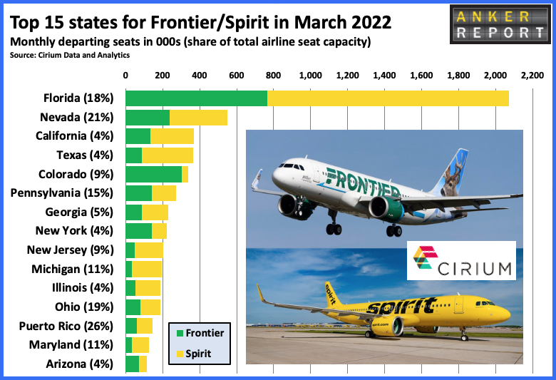 Top 15 states for Frontier/ Spirit in March 2022