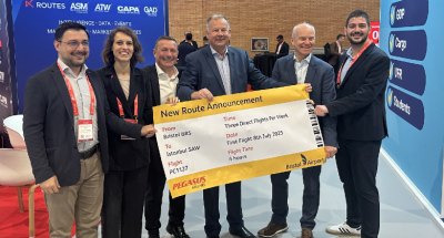 Dave Lees, CEO of Birmingham Airport, Rupert Lawrie, Commercial Director and Shaun Browne, Head of Airline Relations, are all smiles with their colleagues from Pegasus Airlines